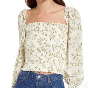 Reformation Pinto Cypress Smocked Top Puff Sleeve Square Neck Blouse